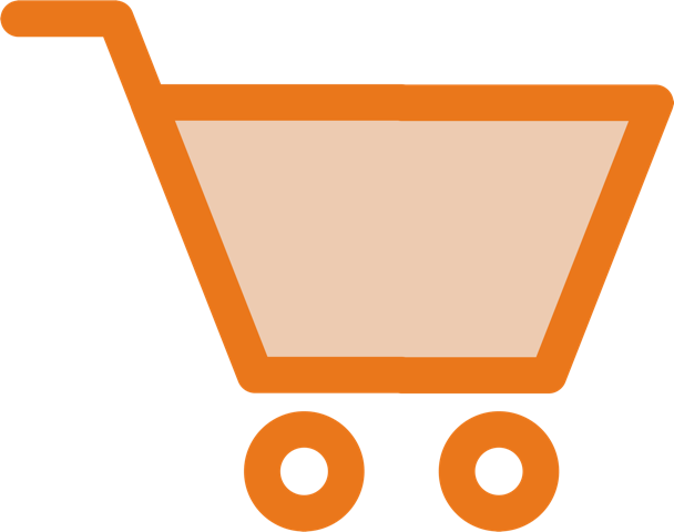 An orange icon of a shopping trolley.