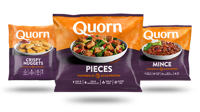 A bag each of Quorn Mince, Quorn Fillets, and Quorn Pieces showing the prepared products and information on an orange and charcoal background.